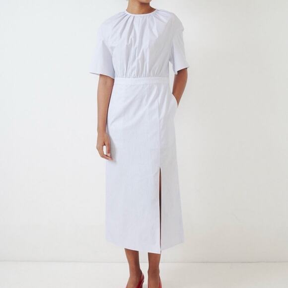 Jeana Shon Dresses & Skirts - Jeana Sohn Claudia Cotton Blue White Pinstripe Back Button Midi Dress M